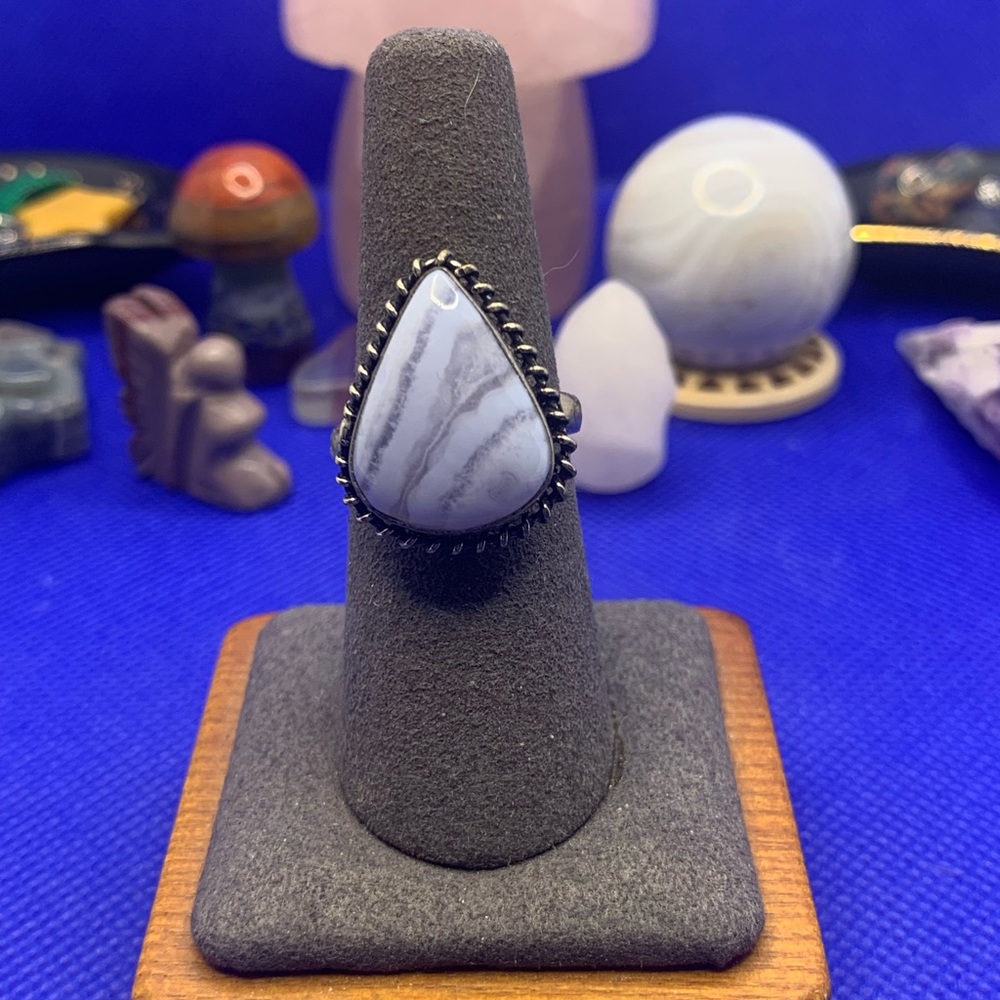 Comfort Curl ADJUSTABLE Dainty Genuine Blue Lace Agate Ring! .925 Silver Overlay